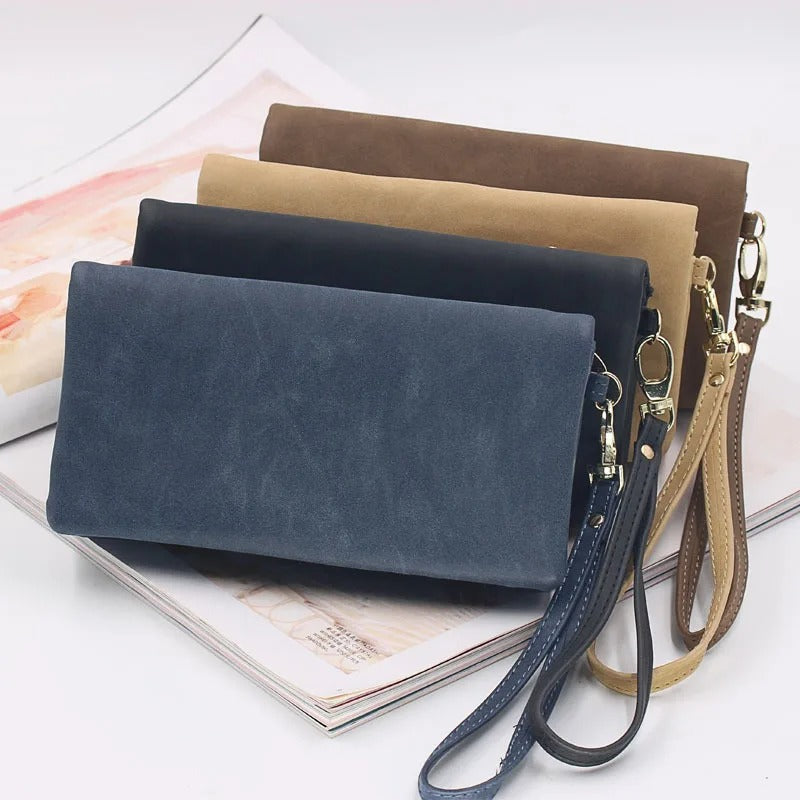 Large Capacity Women's Dull Polish Leather Wallet Double Zipper Clutch Wristlet Purse Phone Coin Card Holder Multi-pocket Wallet