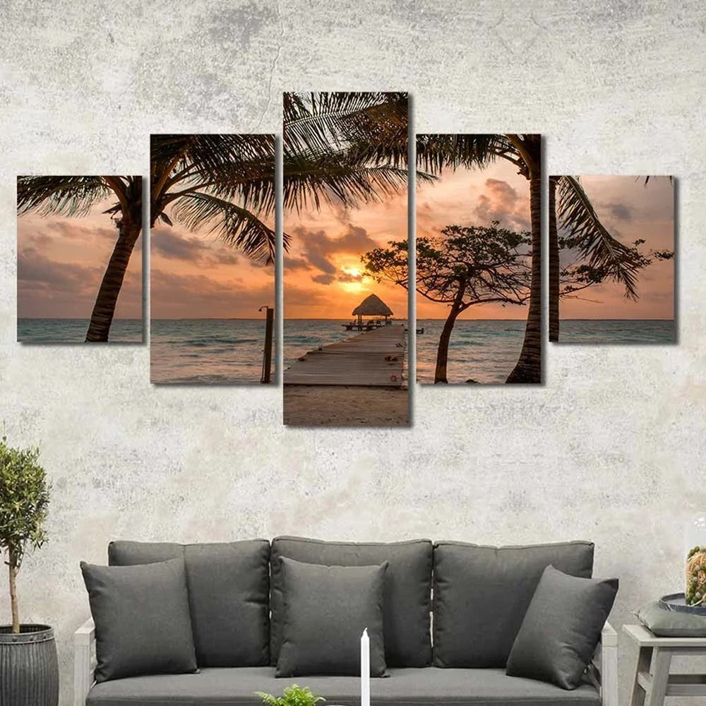 5 Pieces Wall Art Canvas Painting Sunset Tropical Beach Landscape Poster Modular Home Decoration Modern Living Room Pictures